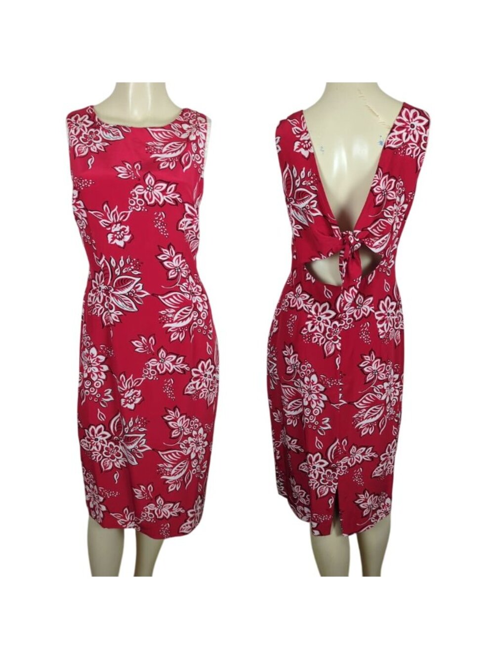 Maggy London sleeveless halter styled open back Hawaiian Summer red silk dress 6